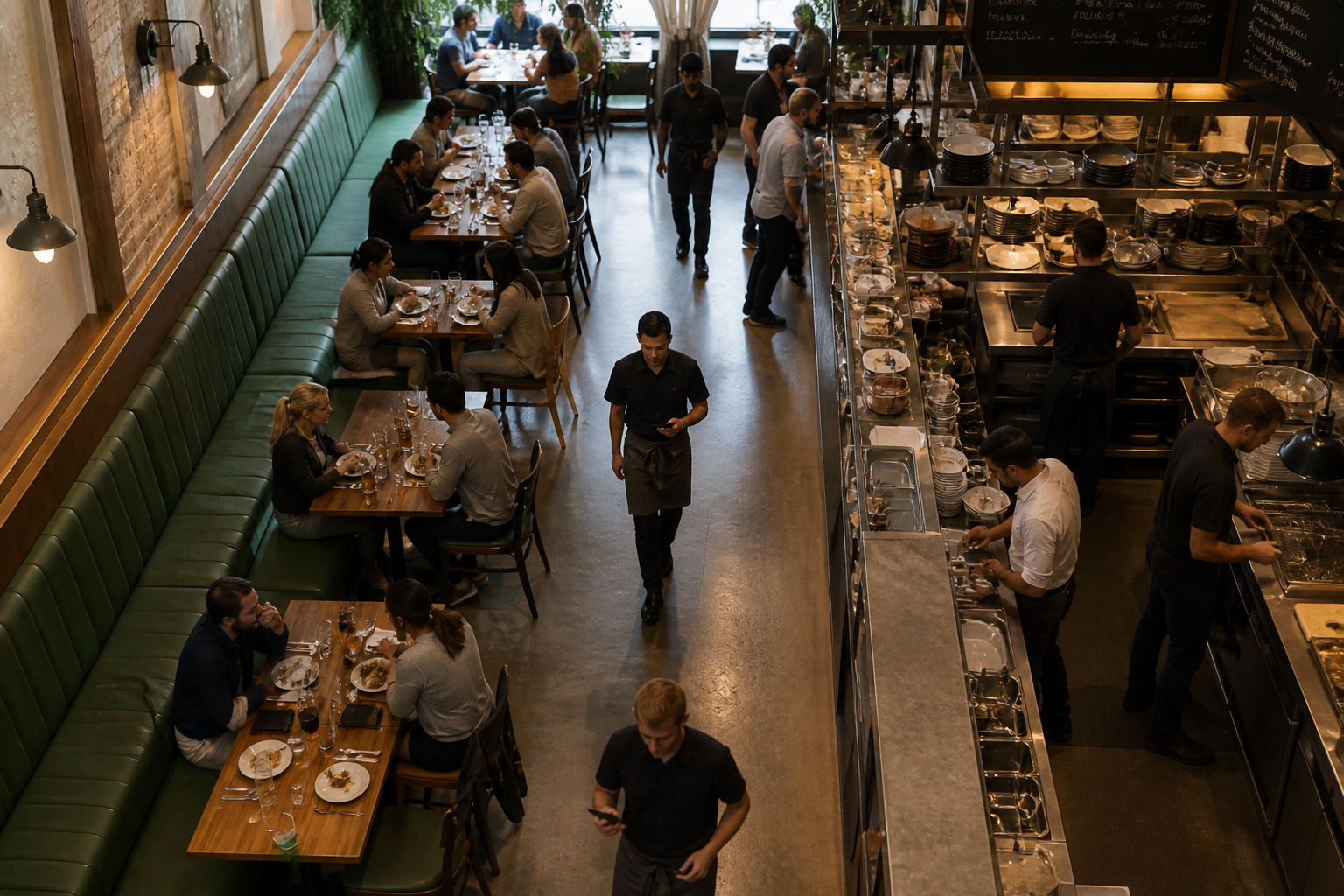 Overhead view of a busy restaurant - table state and service flow visible from a single camera