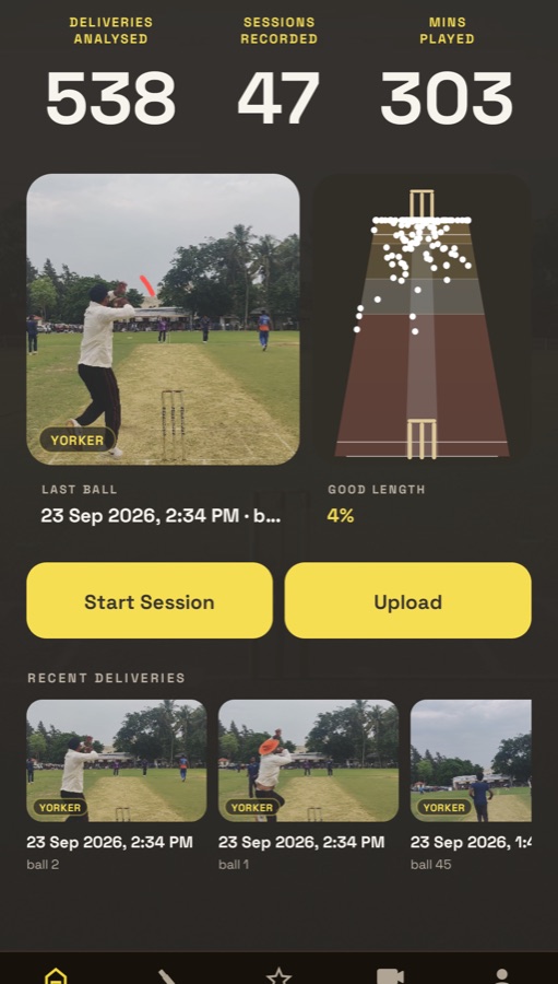 Cricket Analytics App home screen: deliveries analysed, a pitch map of where balls landed, and recent deliveries
