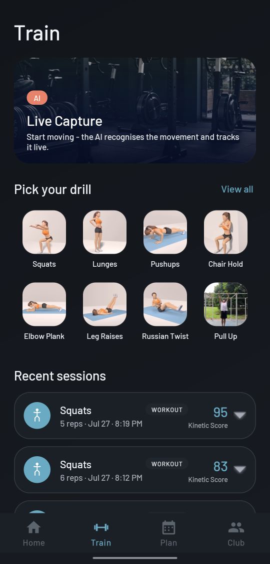 Gym App: Live capture and drills screen