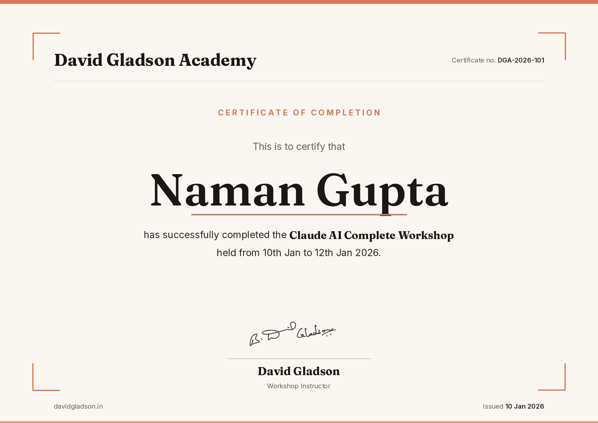 Sample Claude AI Complete Workshop completion certificate from David Gladson Academy, signed by David Gladson
